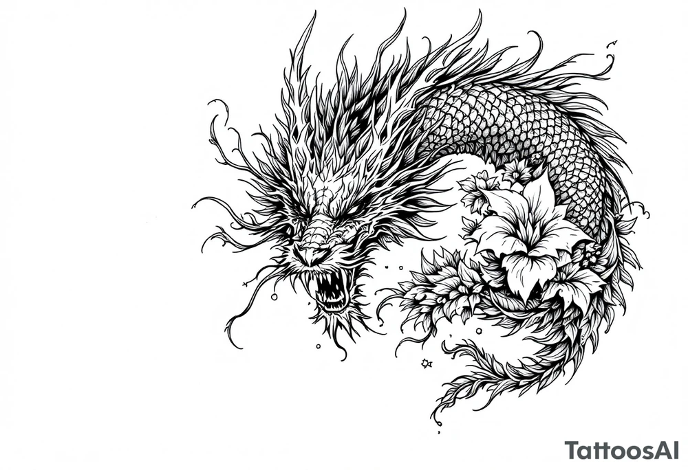 majestic dragon with flowers tattoo idea