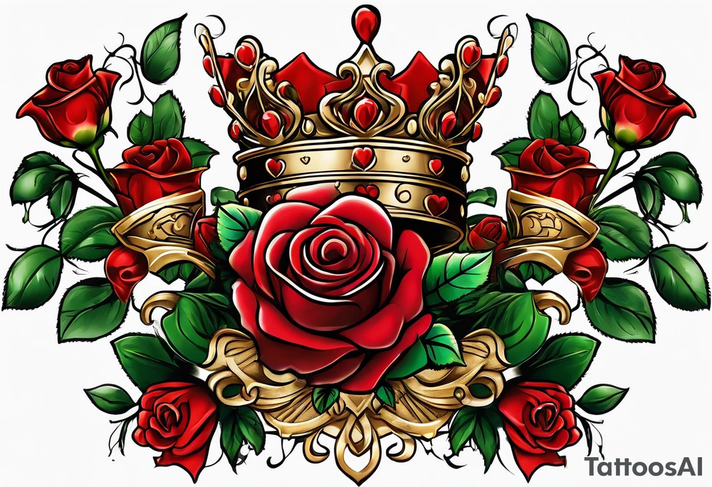 the red rose queen's golden crown with a heart tattoo idea