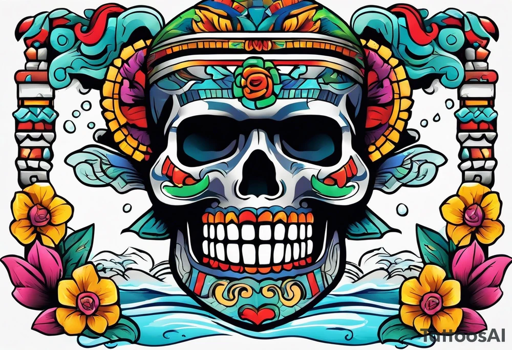 Colorful mayan skull hieroglyph with mouth as cave with water coming out tattoo idea