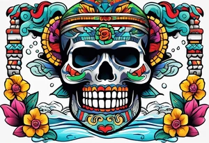 Colorful mayan skull hieroglyph with mouth as cave with water coming out tattoo idea