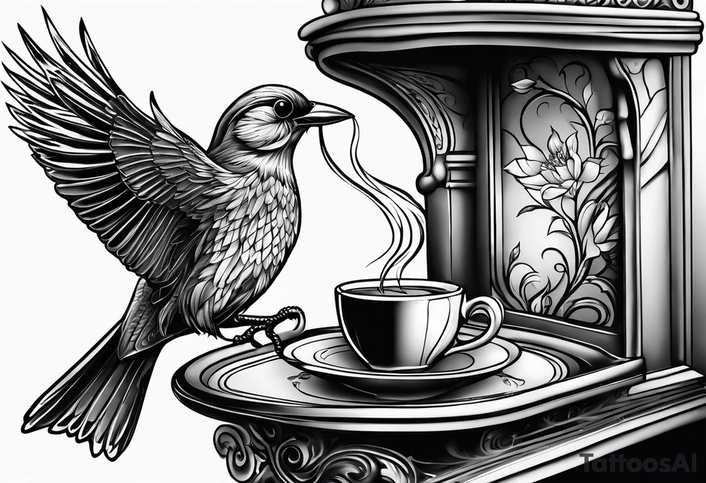 Bird drinking coffee reading books tattoo idea Bird drinking coffee reading books tattoo idea