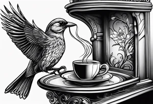 Bird drinking coffee reading books tattoo idea