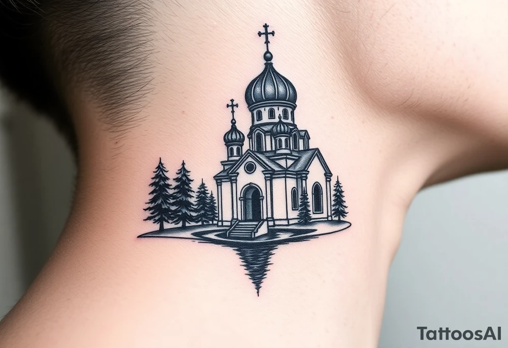 medium sized russian orthodox dome church with a separated virgin mary praying beside a lake and pine trees on the sized of my neck tattoo idea