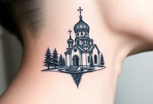 medium sized russian orthodox dome church with a separated virgin mary praying beside a lake and pine trees on the sized of my neck tattoo idea