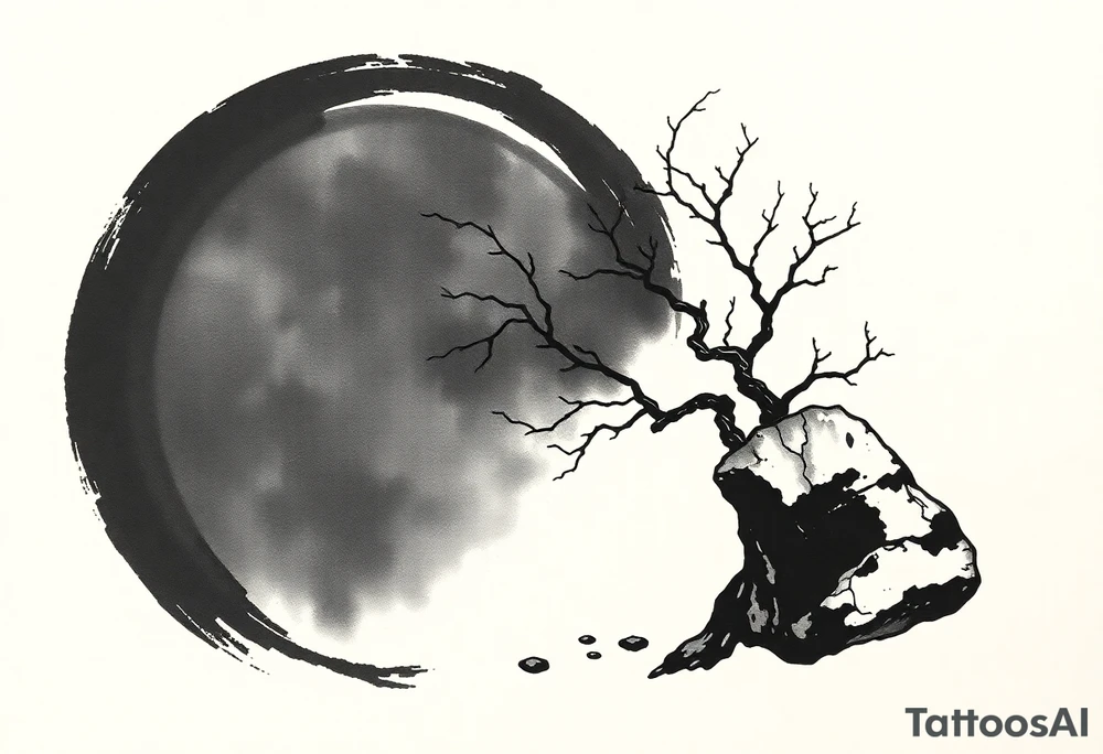 A Japanese‑inspired tattoo of a thick Zen ensō circle, drawn with a bold, hand‑painted black ink brushstroke. The circle is imperfect and organic, with visible texture and subtle variation in line thickness. About the last quarter of the circle, near the top‑right, transforms into a cracked ceramic segment that has been repaired using kintsugi: visible broken pieces outlined and joined by thin, flowing gold lines. There should be a couple big pieces of ceramic and no small ones. The circle and the ceramic part should have the same thickness. The gold seams follow the natural fractures of the ceramic section, creating several branching cracks rather than a single line, clearly distinguishing this repaired portion from the rest of the smooth ink circle. The transition from ink to ceramic should feel natural, as if the painted circle solidifies into a fragile object that has been lovingly mended. The ceramic shall seamlessly flow into a rock from which a tree of life sprouts. Design it as a black and gray tattoo with a subtle metallic gold effect on the kintsugi seams, suitable for a medium‑sized placement on the back of the bicep. tattoo idea