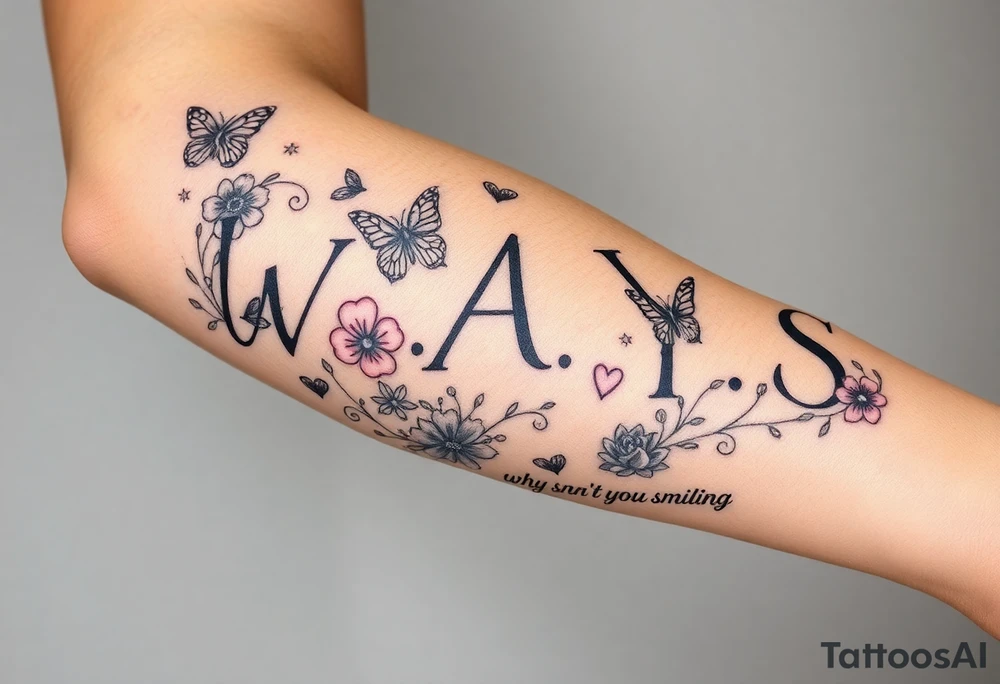W.A.Y.S spelled out with why aren’t you smiling under neath it with flowers, butterflies and hearts with 444 tattoo idea