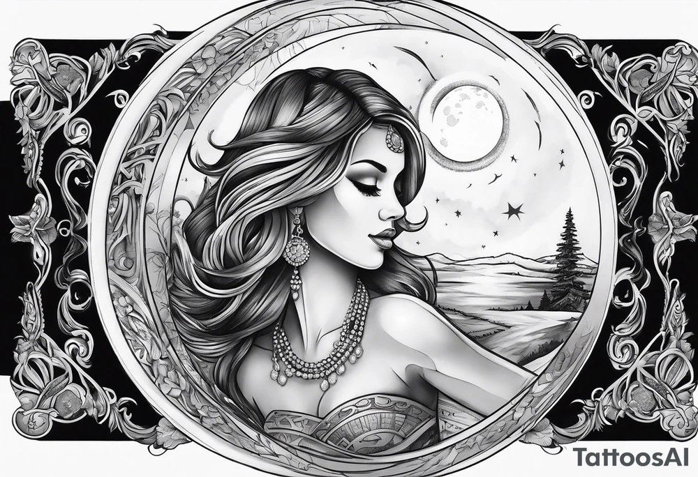 crystal ball that shows women dancing under a full moon tattoo idea