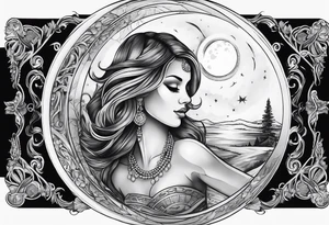 crystal ball that shows women dancing under a full moon tattoo idea