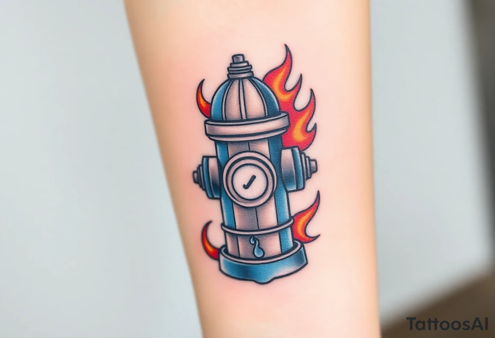 A detailed fire hydrant wrapped in a swirling water-and-flame motif, blending cool blue with fiery red and orange tones. tattoo idea