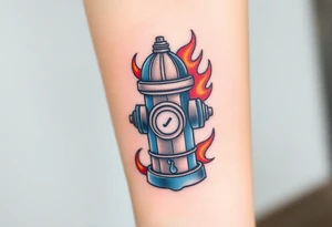 A detailed fire hydrant wrapped in a swirling water-and-flame motif, blending cool blue with fiery red and orange tones. tattoo idea