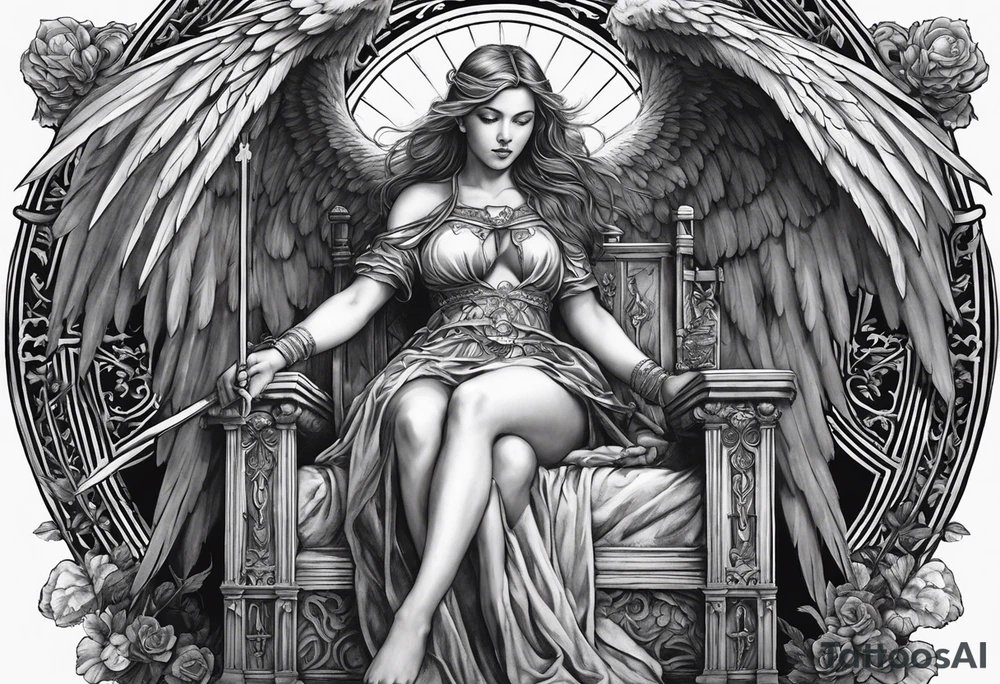 girl angel sitting in a throne with a staff with a cross at the top, a devil laying on the ground by the angels feet being stabbed in the chest by the staff tattoo idea