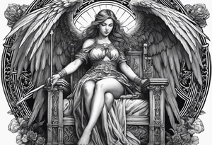 girl angel sitting in a throne with a staff with a cross at the top, a devil laying on the ground by the angels feet being stabbed in the chest by the staff tattoo idea