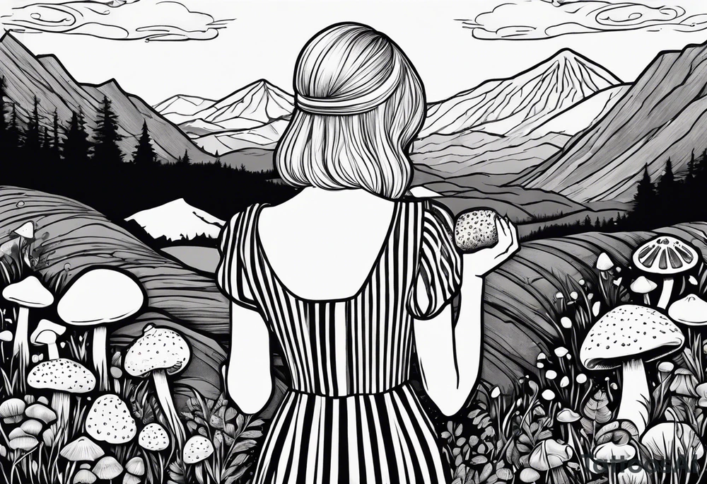 Straight blonde hair girl holding mushrooms in hand facing away toward mountains surrounded by mushrooms circular design black and white striped dress tattoo idea