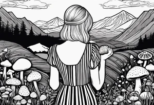 Straight blonde hair girl holding mushrooms in hand facing away toward mountains surrounded by mushrooms circular design black and white striped dress tattoo idea