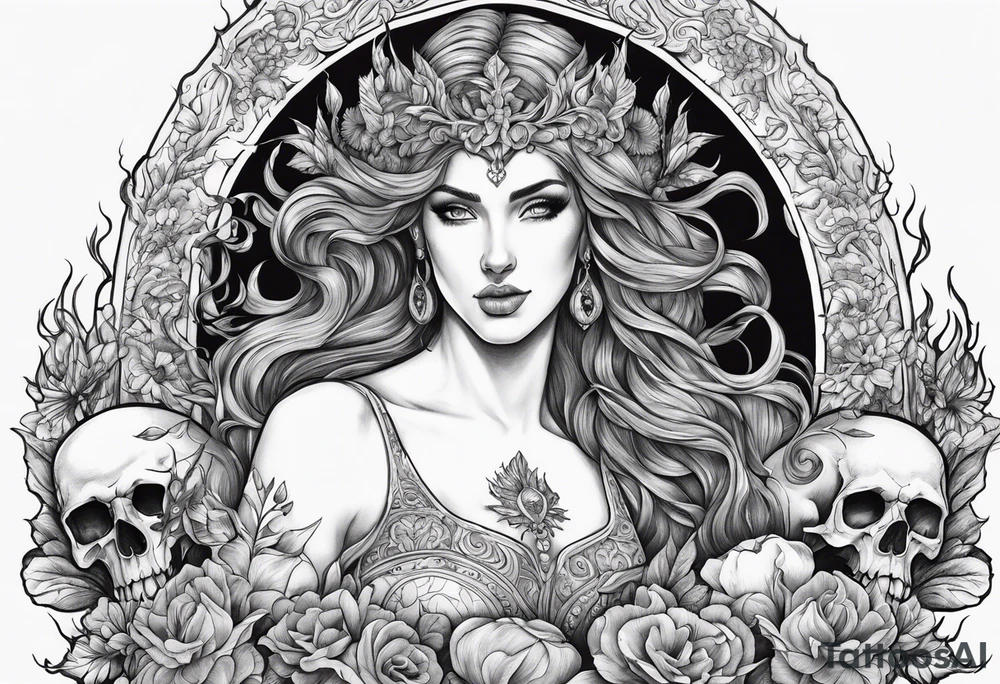 Hades and Persephone in Hell surrounded by skulls and fire tattoo idea