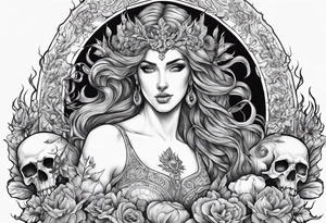 Hades and Persephone in Hell surrounded by skulls and fire tattoo idea