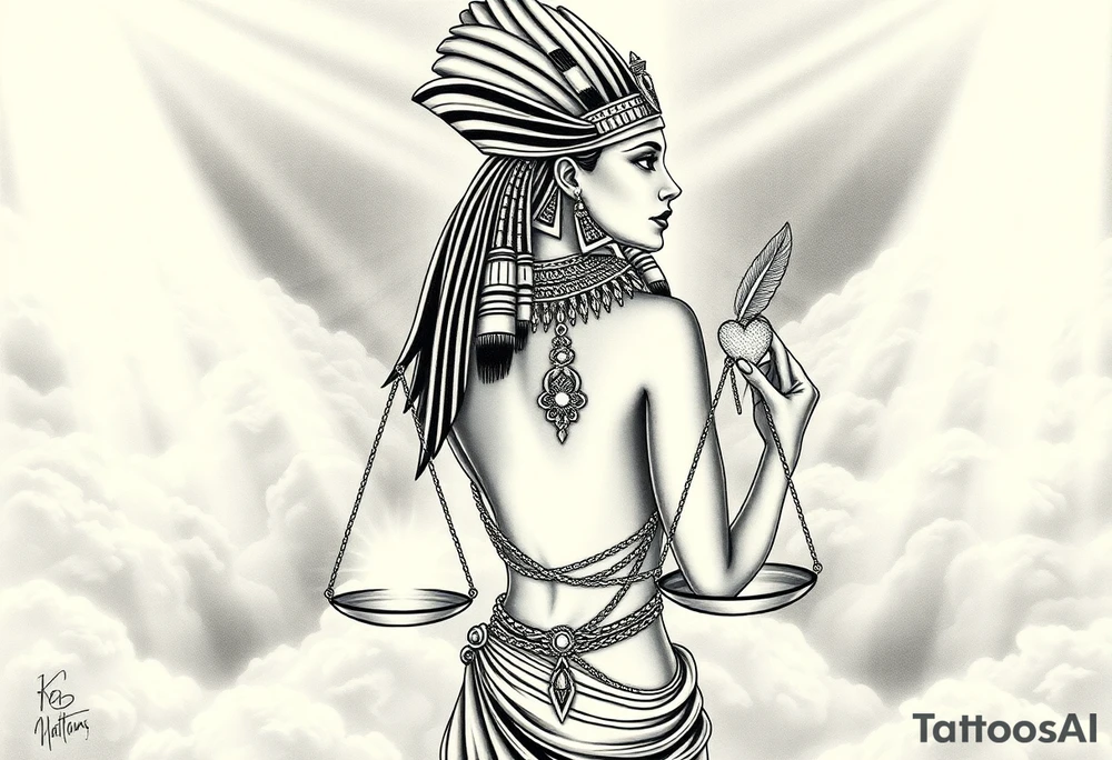 beautiful Egyptian goddess stands with her back slightly turned, accentuating her figure. She wears an elaborate ostrich feather headdress and ornate, intricate ancient Egyptian jewelry draped across her body. Her expression is mysterious and confident. In one hand, she holds the Scales of Justice: one side holds a radiant, glowing heart; the other, Ma’at’s feather. The scales themselves shimmer with an otherworldly light.
The background is a surreal, heavenly landscape filled with luminous clouds and beams of divine light piercing through, creating dramatic contrasts of deep shadows and highlights. The entire scene is bathed in an ethereal, mystical glow, with a dreamlike, almost supernatural atmosphere. tattoo idea