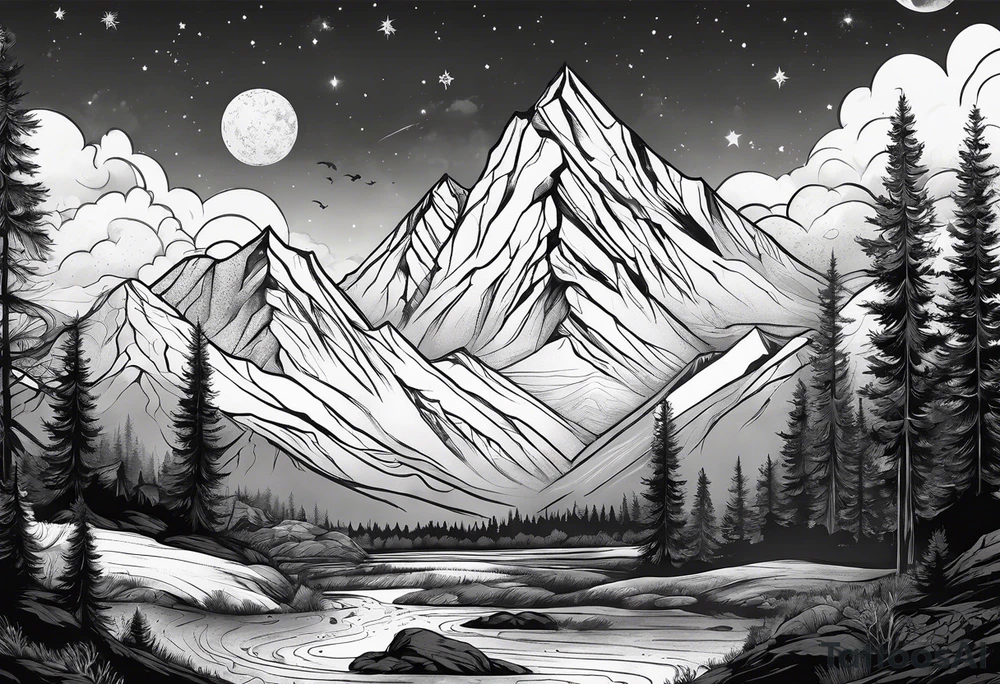 mountain and space line style tattoo idea