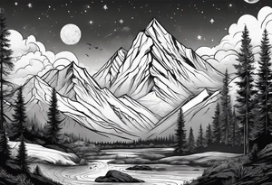 mountain and space line style tattoo idea