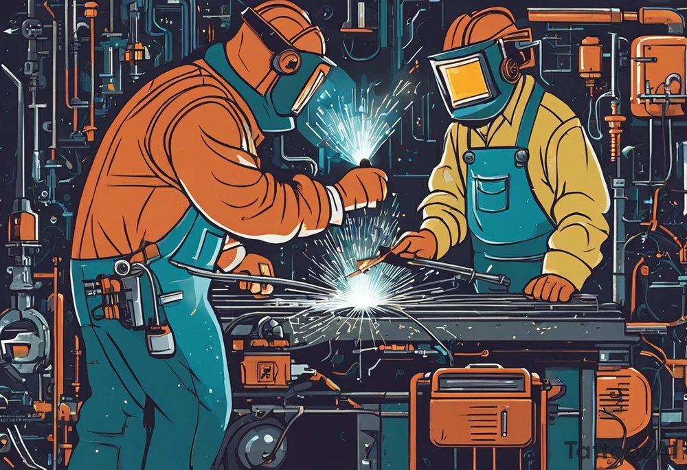 Two 60-year-old characters working together on creating a big mechanism made of iron, gems and electronic circuits. The first character is a welder, dressed in a welding suit and mask. The second character is a fitter, wearing a shirt with sleeves rolled up to the forearms and a tool belt. has no hat. The mechanism they are working on should be in the center of the drawing, should look like a human heart and to be 1\5 of the whole immage.  Characters positioned on either side of the mechanism. tattoo idea