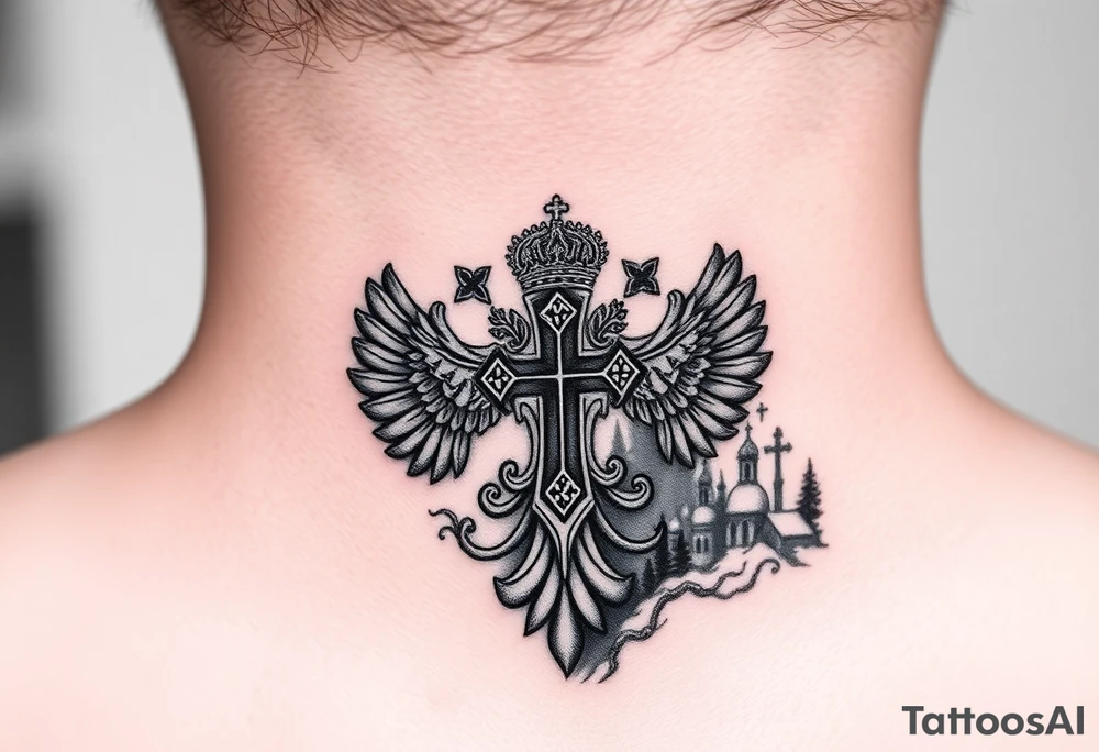 russian coat arms in a russian christian orthodox cross with the cross in the middle with a virgin mary & orthodox dome church on the side of the neck in a wilderness setting tattoo idea