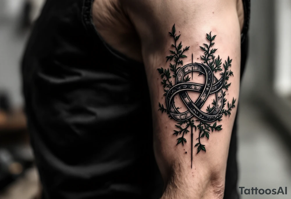 Celtic Trinity Knot with Stone Texture and Vines – A bold, interwoven Celtic triquetra (trinity knot), with fine moss and ivy vines wrapping through the loops. The design is textured like ancient granite, in stone gray, deep forest green, and subtle earthy brown tones. tattoo idea