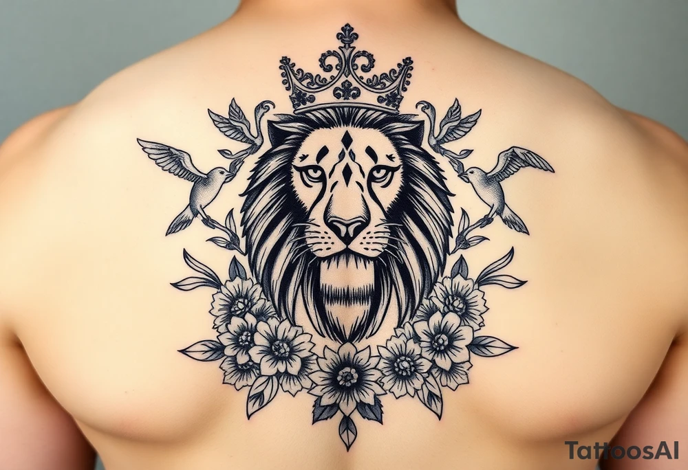powerful majestic lion with a crown, surrounded by floral ornaments and birds tattoo idea