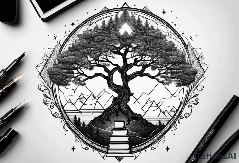 tree growing from book triangle portals floating above it tattoo idea tree growing from book triangle portals floating above it tattoo idea