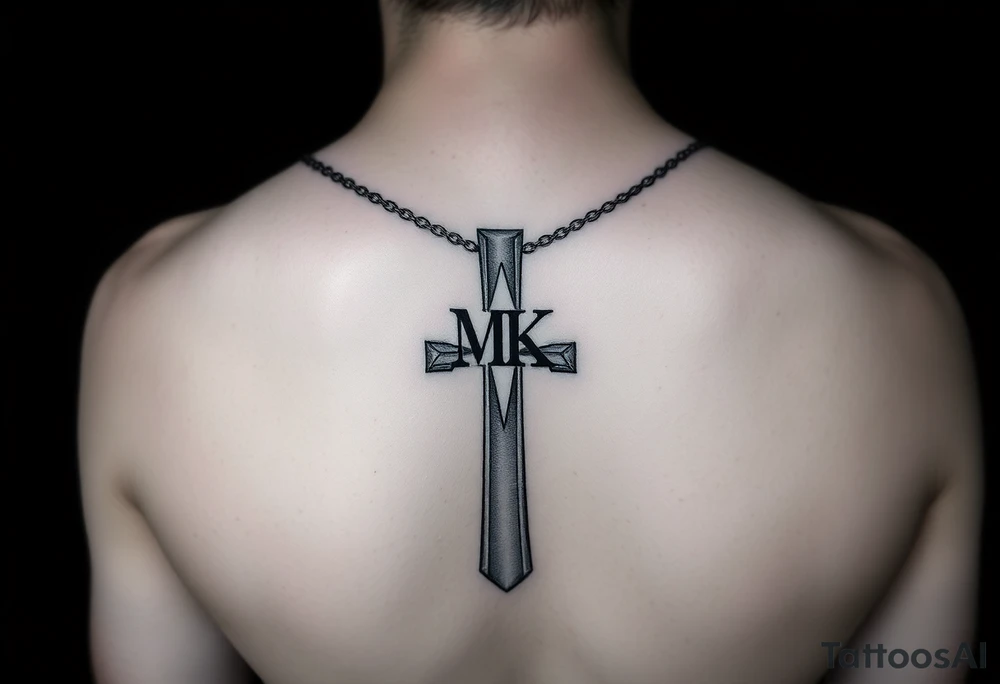 Cross with necklace on leg with initial MK tattoo idea
