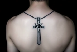 Cross with necklace on leg with initial MK tattoo idea