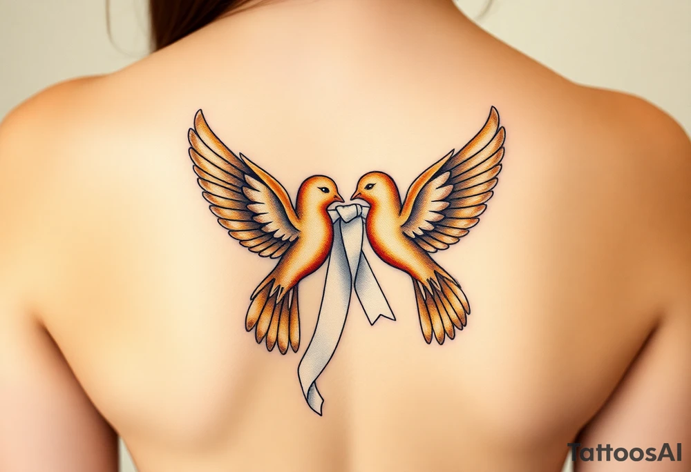 A pair of golden doves holding a soft white silk ribbon, with their wings gently touching tattoo idea