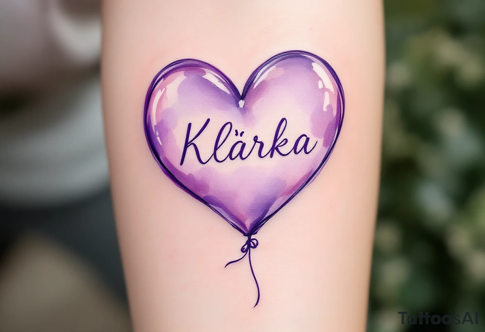 A heart-shaped balloon in soft lavender with a ribbon spelling Klárka. tattoo idea