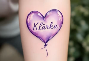 A heart-shaped balloon in soft lavender with a ribbon spelling Klárka. tattoo idea