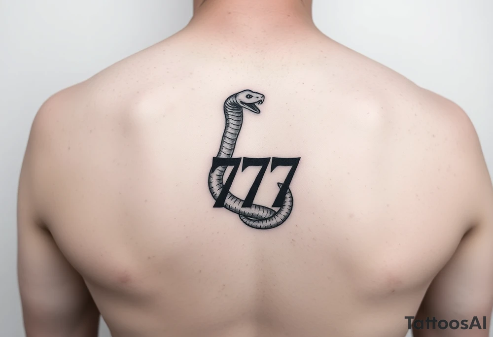 Minimalist black ink tattoo design of a small snake coiled around the number 777. tattoo idea