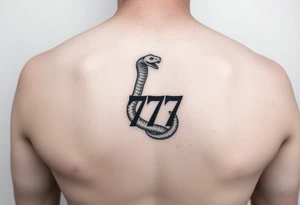 Minimalist black ink tattoo design of a small snake coiled around the number 777. tattoo idea