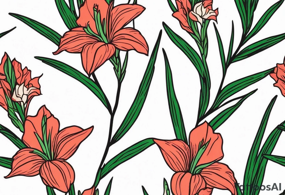 a thin narrow gladiolus stalk. green leaves. coral-colored flowers with deep red centers. tattoo idea