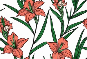 a thin narrow gladiolus stalk. green leaves. coral-colored flowers with deep red centers. tattoo idea