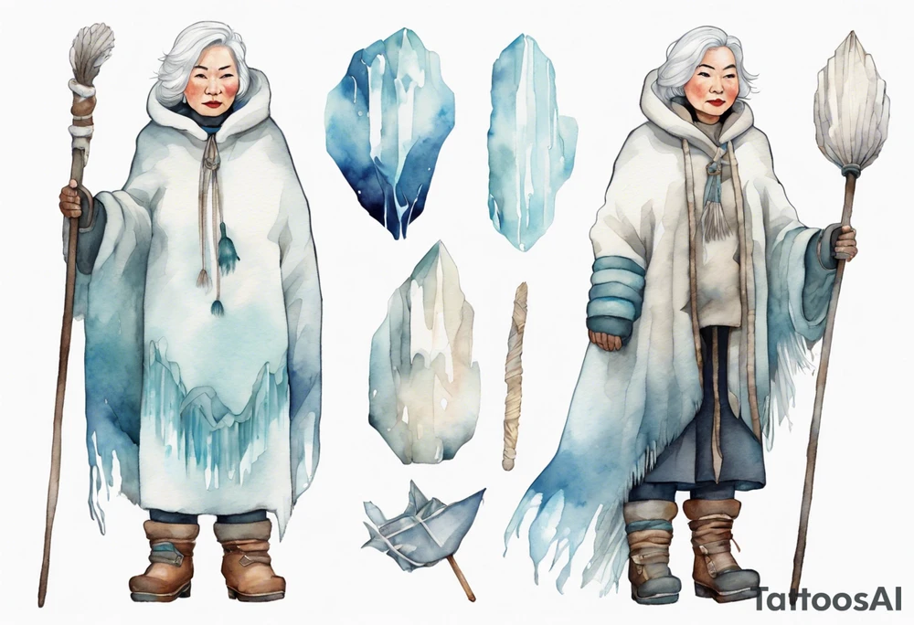 a middle aged Inuit woman with white hair, wearing mittens, mukluks, and a white cloak. Holding a white staff. Standing on an iceberg alone tattoo idea