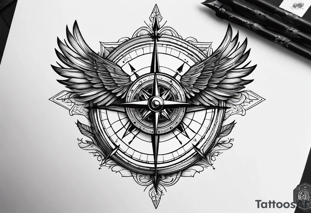 wings compass fine linework arrows tattoo idea