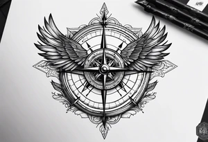 wings compass fine linework arrows tattoo idea