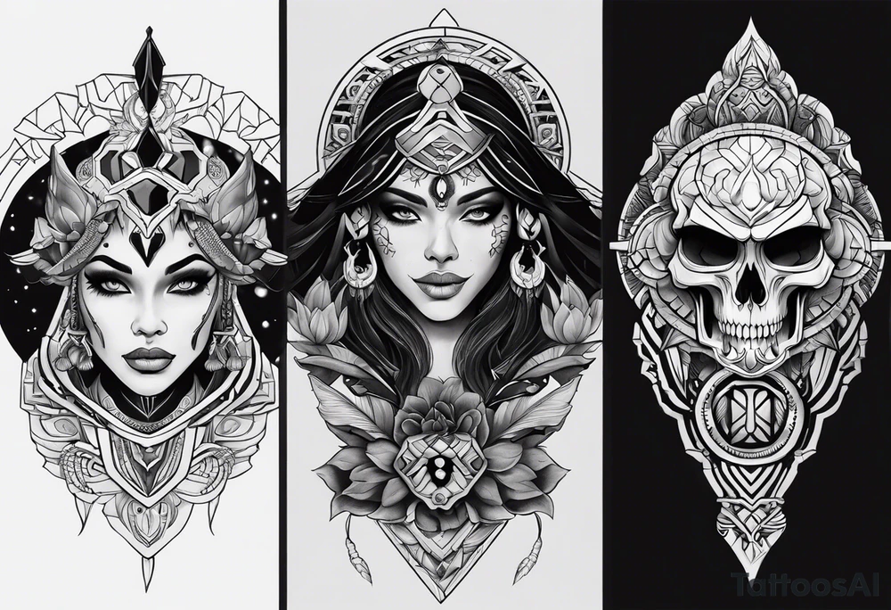 kali ma, alien goddess, valkrye, aries, pirate, divine feminine, zenza resonance, pachamama, lotus azul, blank panther, eagle, skull, 5D, nueva gaya, dna 12 tattoo idea