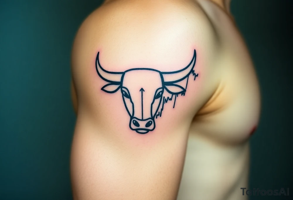 Create a minimalist black line tattoo of a bull’s head that transitions into an upward-trending candlestick stock chart. The design should have clean, fluid lines and combine the bull’s face and horns on the left, with the candlestick chart rising to the right, forming the shape of the bull’s jaw/neck. Keep the style simple and elegant, suitable for a forearm or upper arm tattoo.” tattoo idea