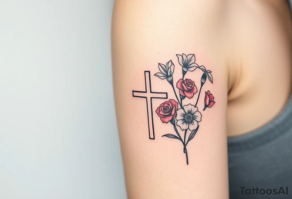 tattoo with one side representing death and the other life. (from death to life) with a simple cross down the middle. The life side I's like the following flowers: Morning Glory, Lily of the Valley, Daffodil, Rose, Poppy, and Iris tattoo idea