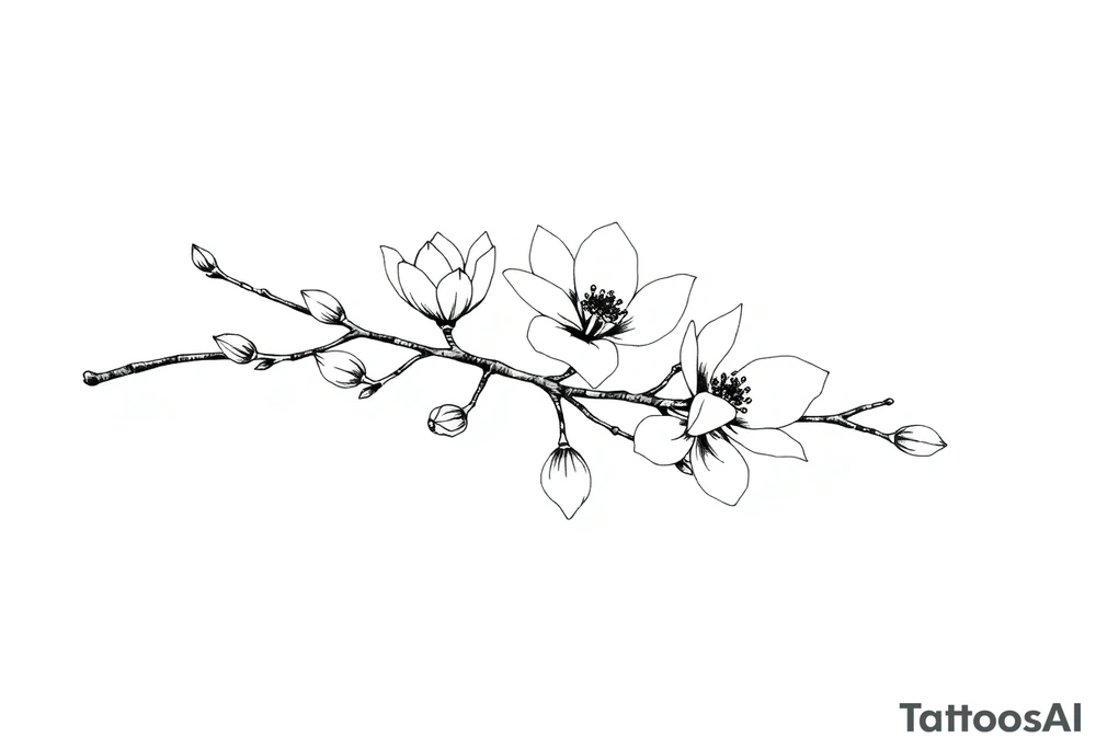 Magnolia branch long with different small almost closed flowers, with botanical details and dots tattoo idea