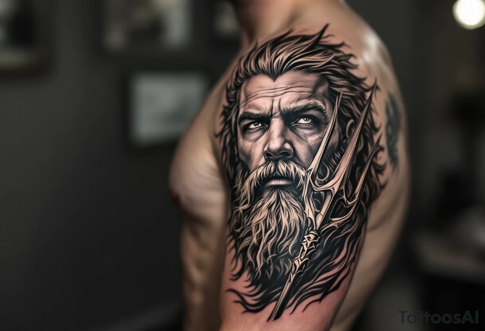 fit poseidon, with trident, looking at the horizon tattoo idea