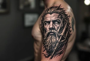 fit poseidon, with trident, looking at the horizon tattoo idea