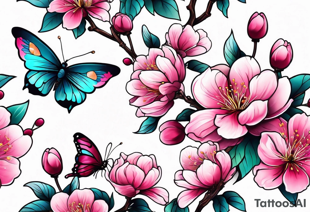 Vibrant, pink plum blossom flowers with butterflies tattoo idea