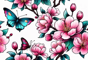 Vibrant, pink plum blossom flowers with butterflies tattoo idea