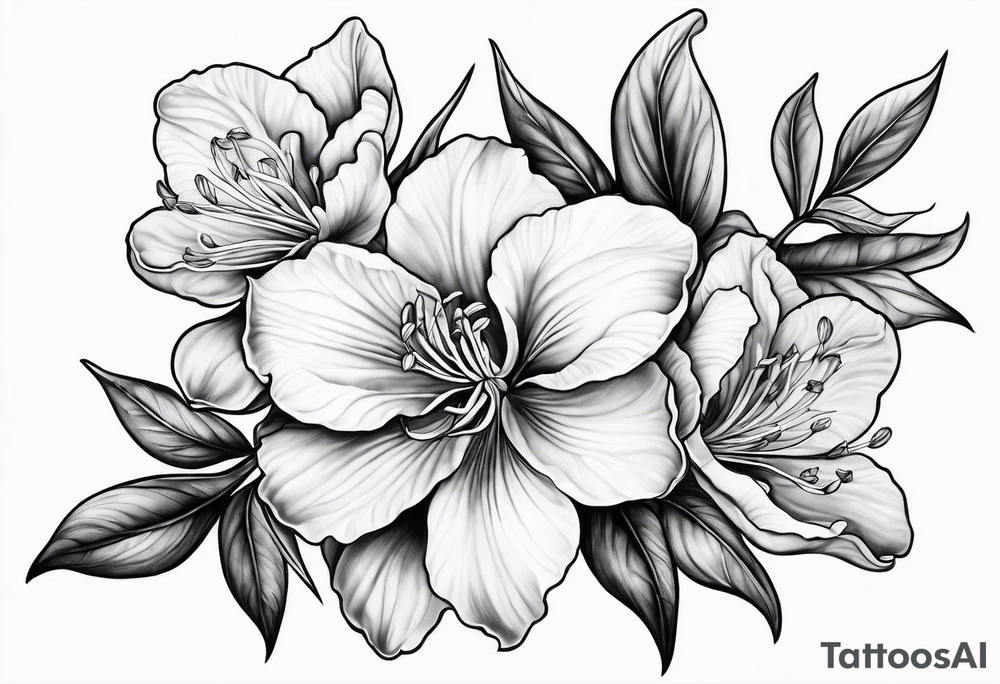 5-petal azaleas with buds along a long branch tattoo idea