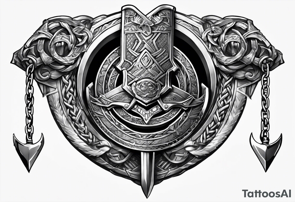 Valhalla sword shield axe Valknut chains tattoo idea